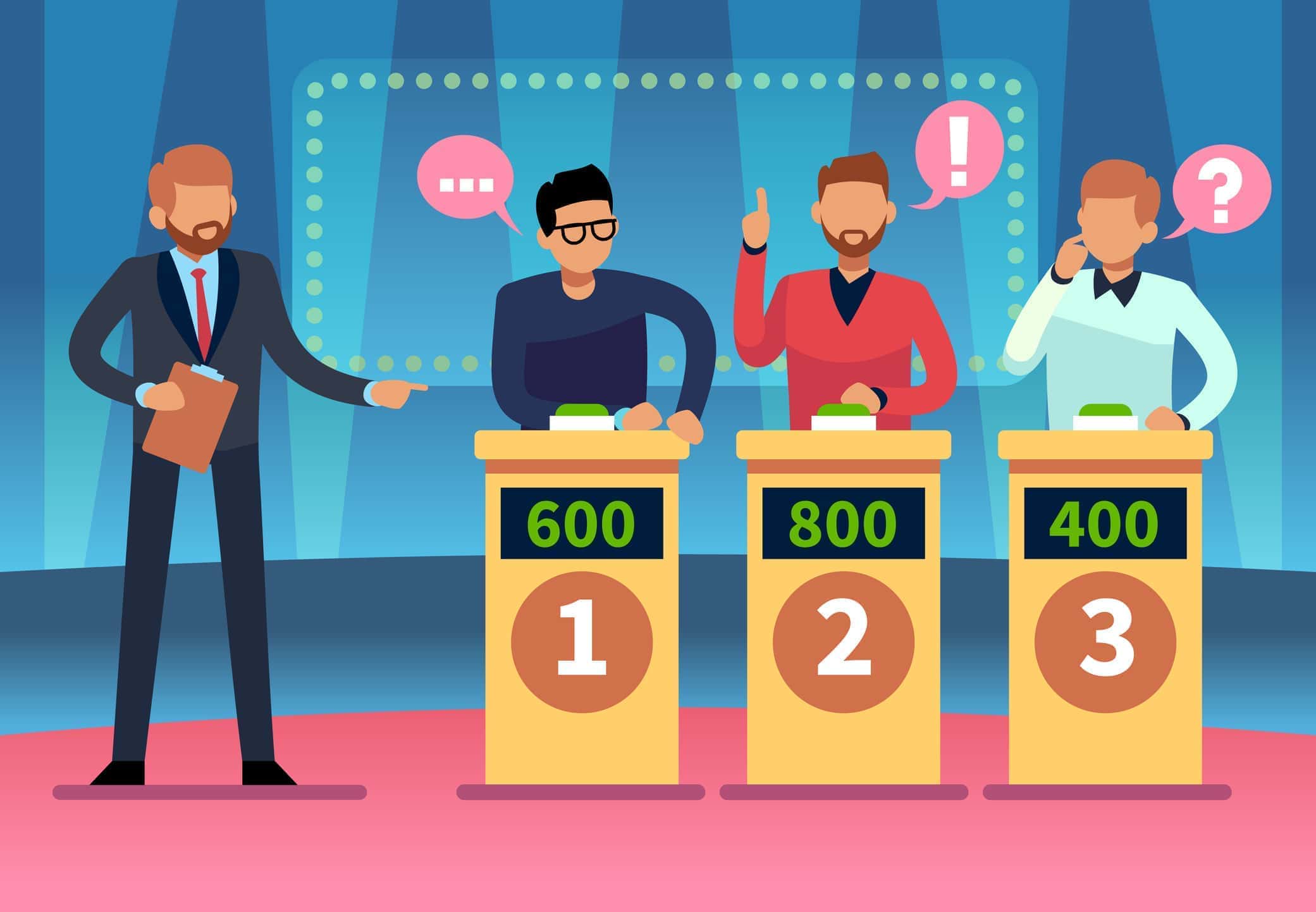 Game quiz show. Clever young people playing television quiz with showman, trivia game tv competition. Cartoon vector illustratio