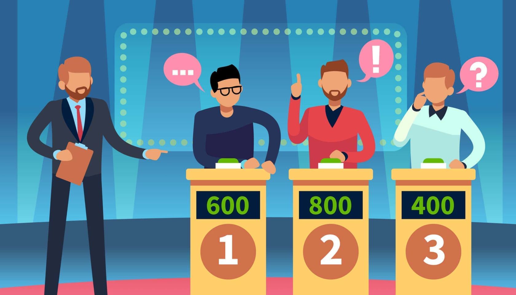 Game quiz show. Clever young people playing television quiz with showman, trivia game tv competition. Cartoon vector illustratio