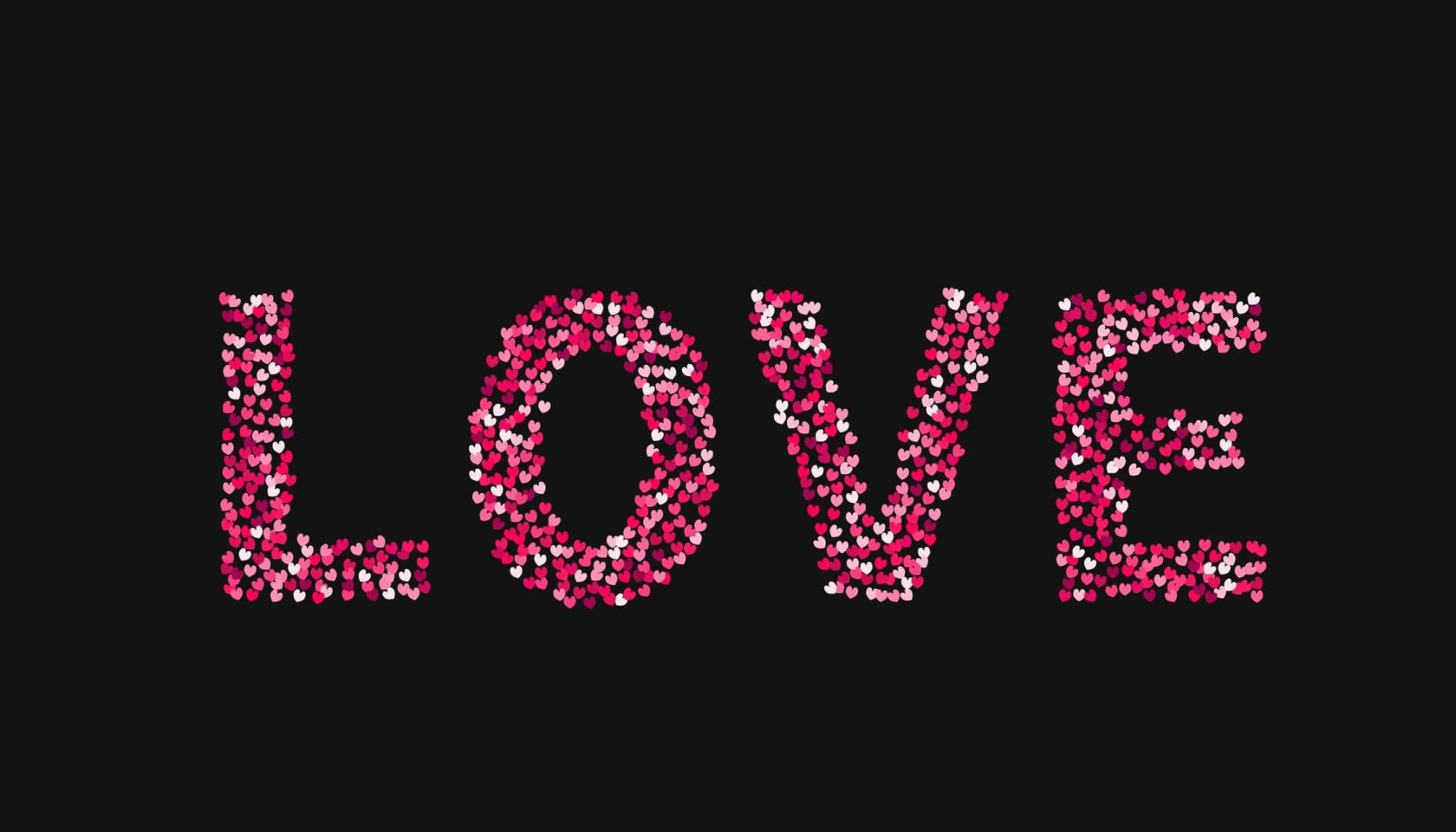 The word love made of little hearts shades of red and pink on black background. Valentine’s day typography poster.