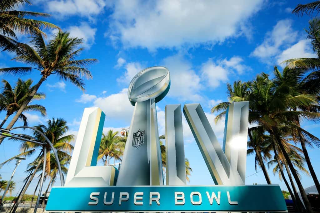Signage is displayed near the FOX Sports South Beach studio compound prior to Super Bowl LIV