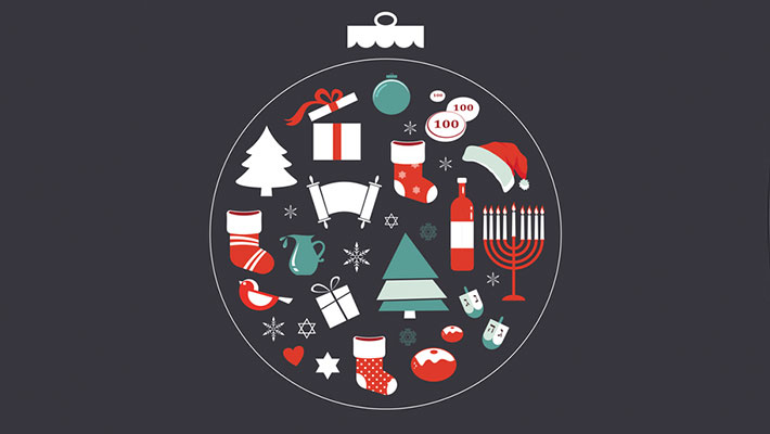 Merry Christmas and Happy Hanukkah seasonal objects on grey background