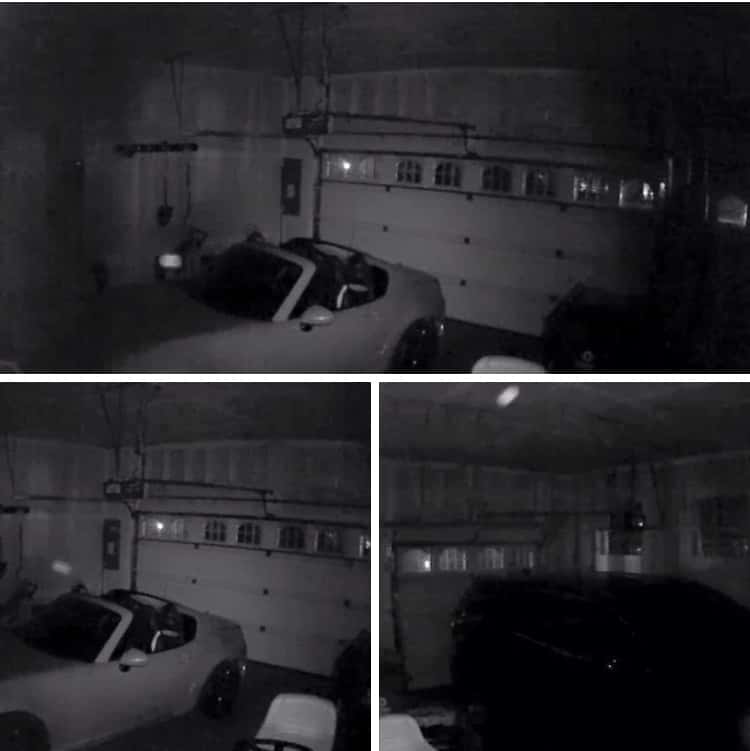 cars in a garage with orbs