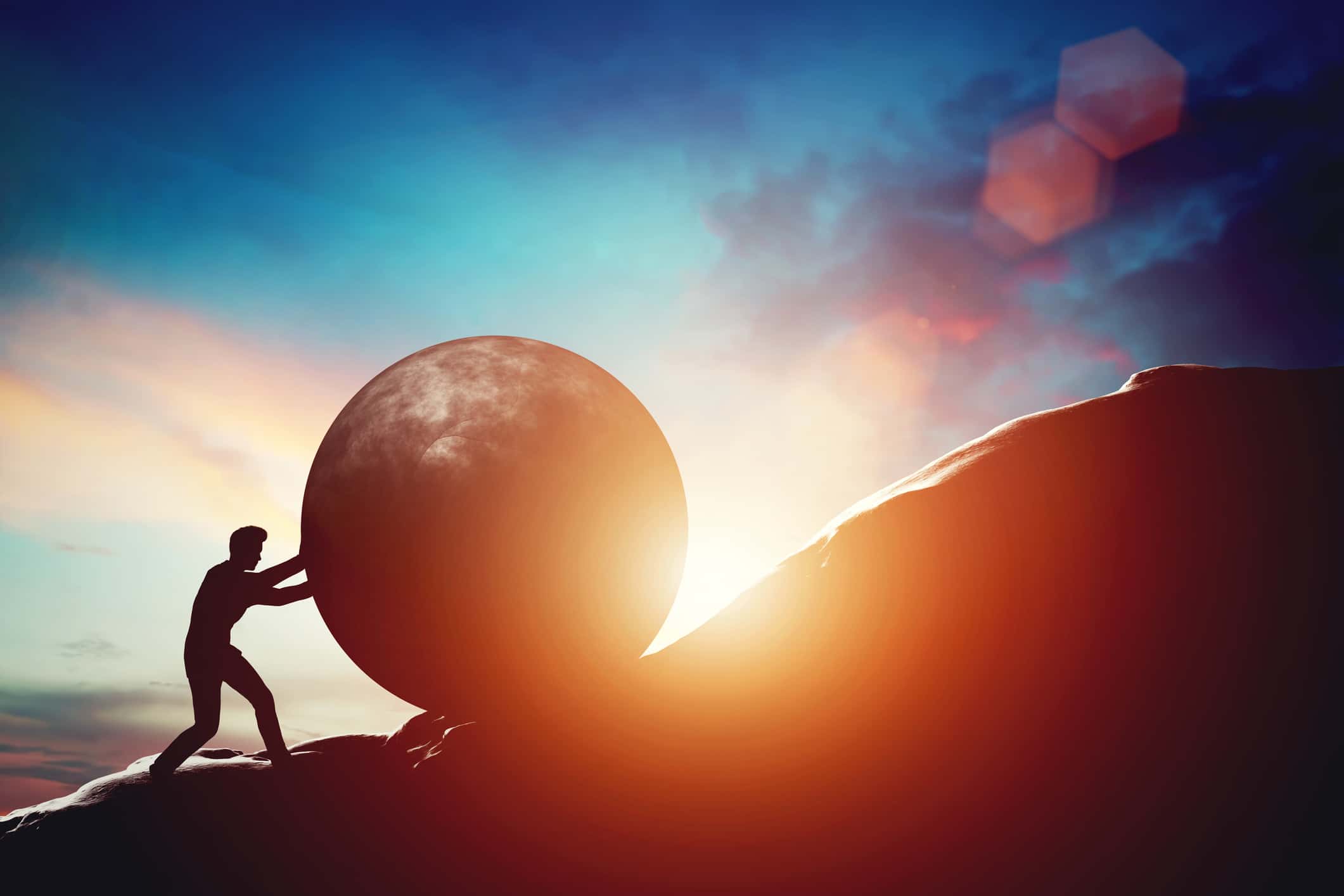 Man pushing huge concrete ball up hill. Sisyphus metaphor. Sisyphean work, big challenge concept. 3D illustration