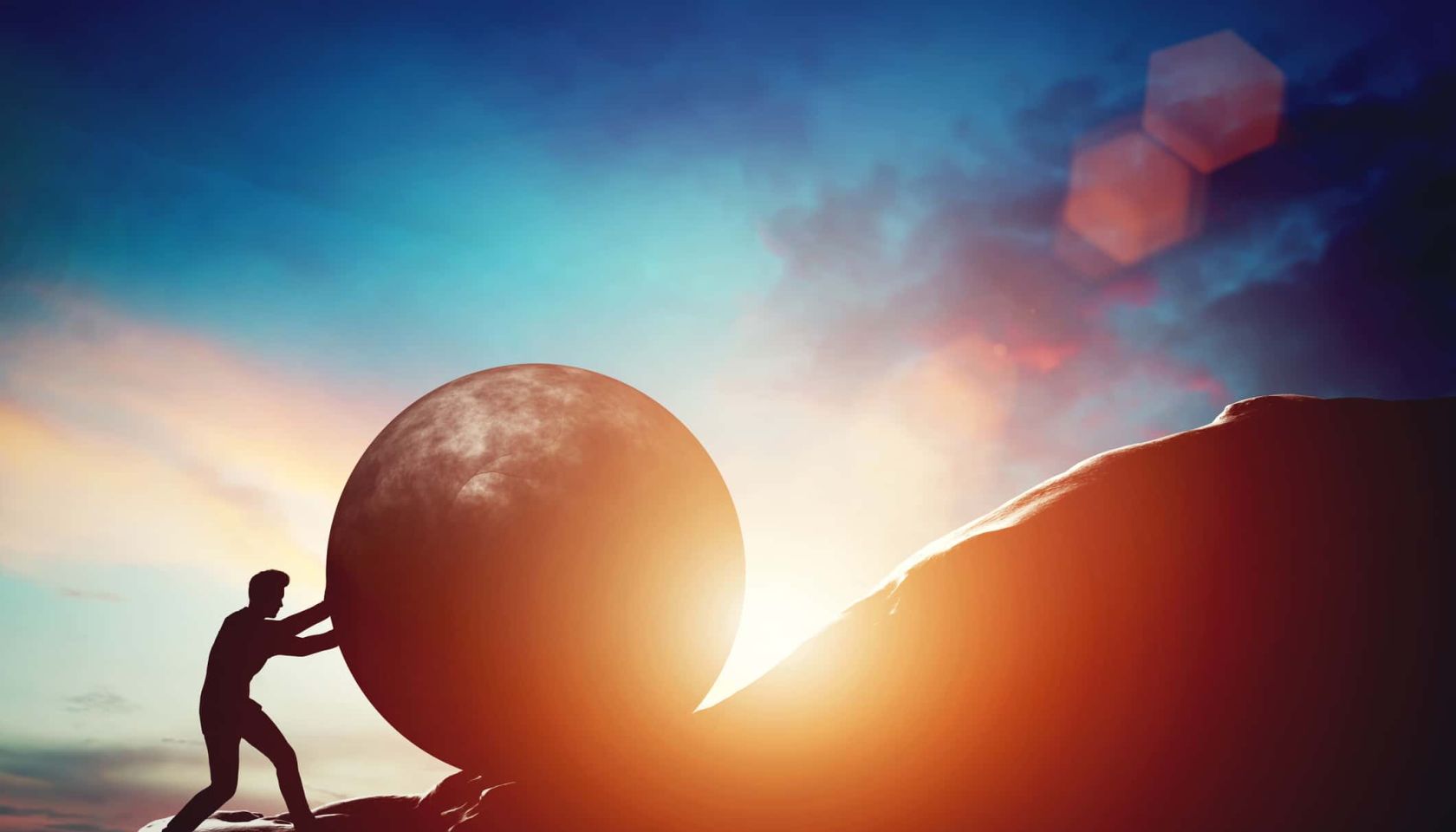 Man pushing huge concrete ball up hill. Sisyphus metaphor. Sisyphean work, big challenge concept. 3D illustration