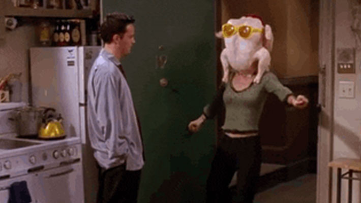 Monica from Friends with a turkey on her head