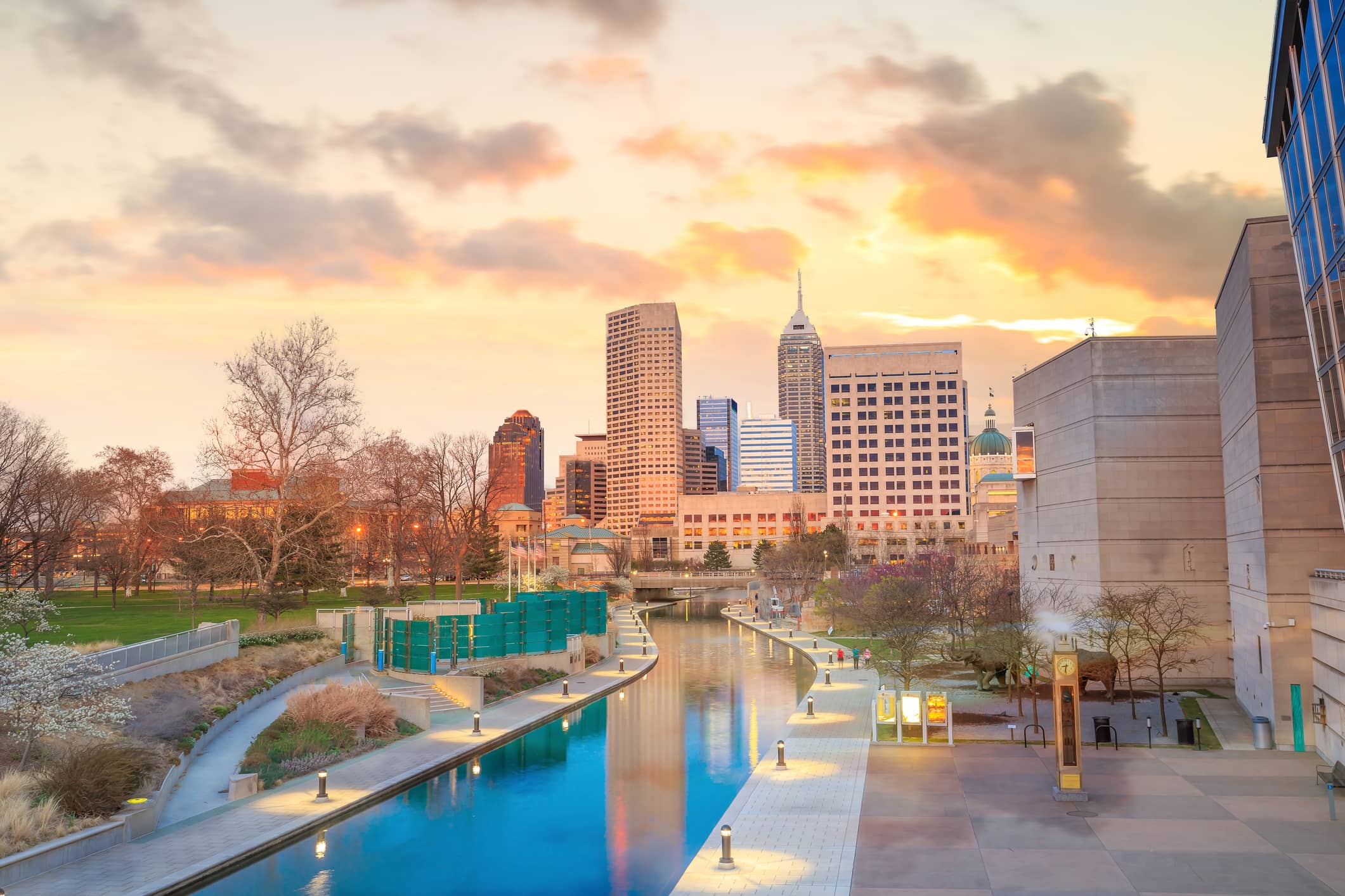 Downtown Indianapolis skyline at twilight