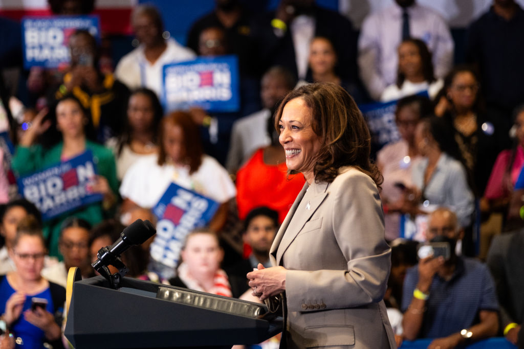 US Vice President Kamala Harris speaks during a campaign event