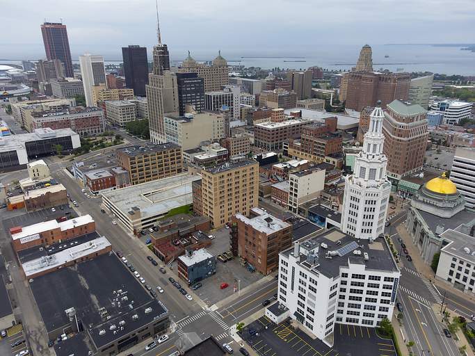 Aerial View of Downtown Buffalo, NY with City Hall and Lake Erie