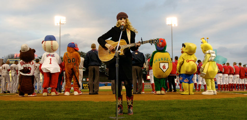 4/5/2007 Photo by Krissy Krummenacker 200700708 Country singer Taylor Swift, originally from Wyomissing, sings the national anthem Thursday, April 5, 2007, before the Reading Phillies opening game against the Harrisburg Senators at FirstEnergy Stadium.