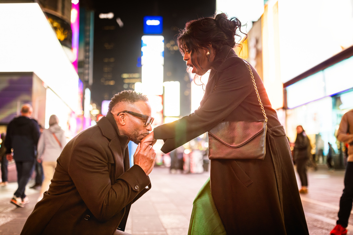 Elegantly Dressed Couple proposal in Times Square