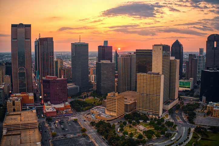 Aerial View of Dallas, Texas Skyline at Sunset during Summer