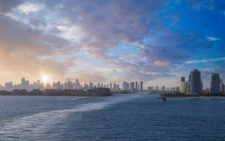 USA, scenic Miami harbor panoramic skyline close to Miami port and Biscayne bay