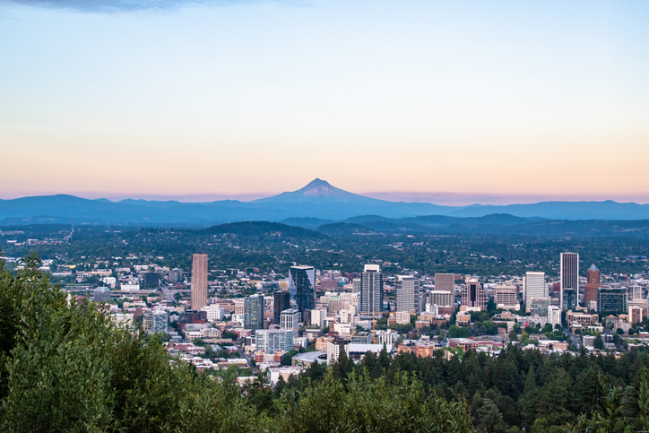 Sunset on Mt. Hood and Portland Oregon City Skyline