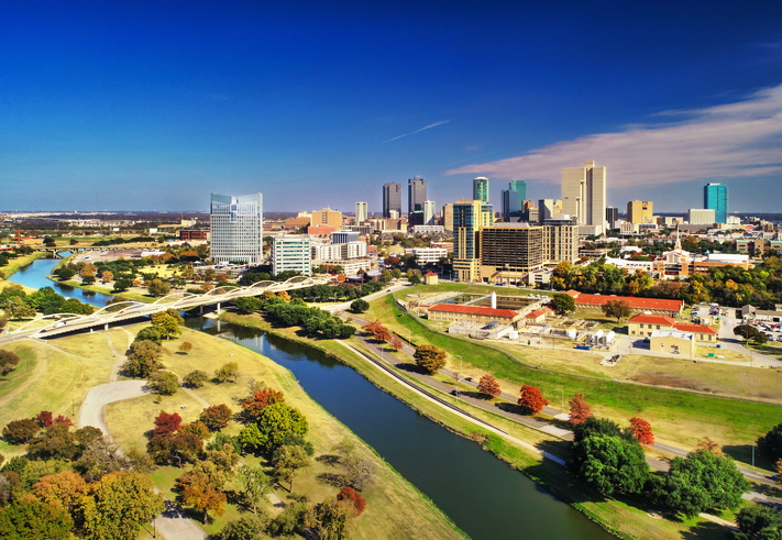 Fort Worth Aerial With River And Bridge