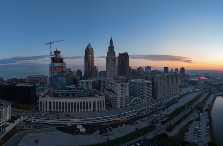 Aerial View of Downtown Cleveland Skyline at Sunset