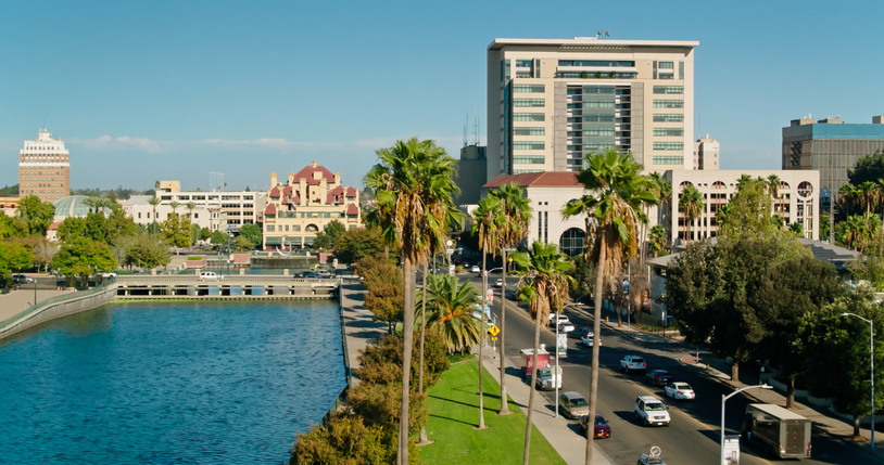 McLeod Lake and Buildings in Downtown Stockton, California - Drone Shot
