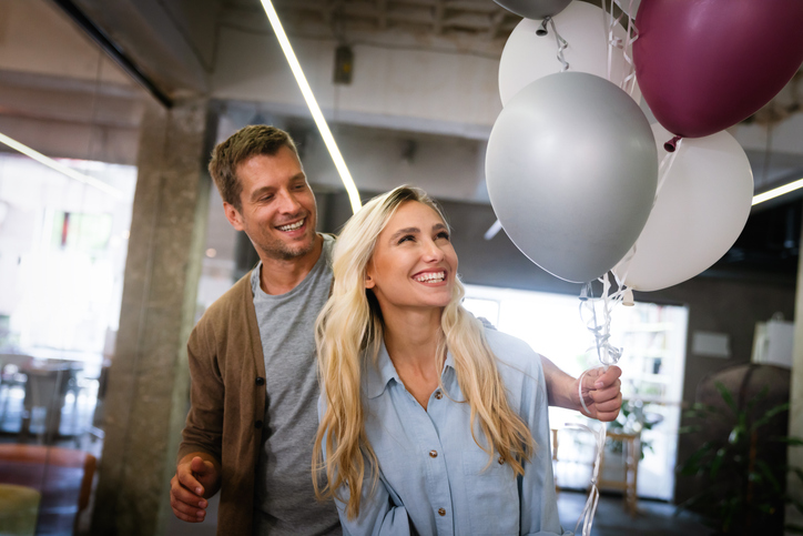 Couple in love celebrate holiday, birthday, Valentine's Day together. Romantic relationship concept