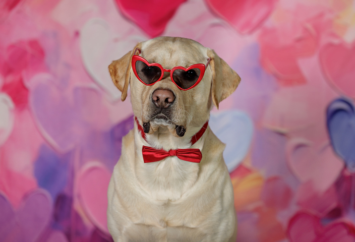 Valentine's Day Yellow Labrador Retriever with Red Glasses