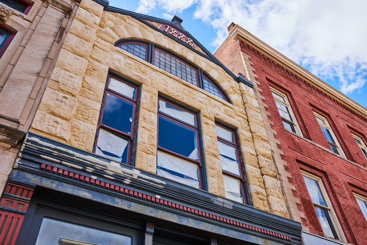 Historic and Modern Urban Architecture Contrast, Upward View - Muncie, Indiana