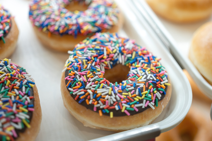 Donuts, sweet snack with various topping.