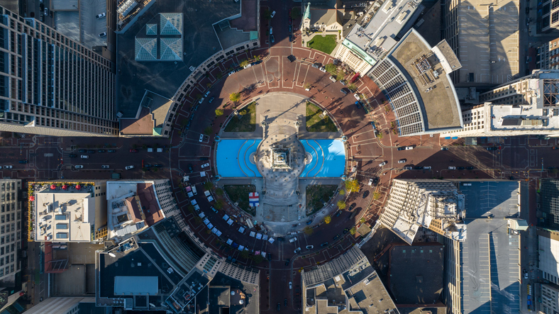 Monument Circle in Downtown Indianapolis. Top Down Drone Shot