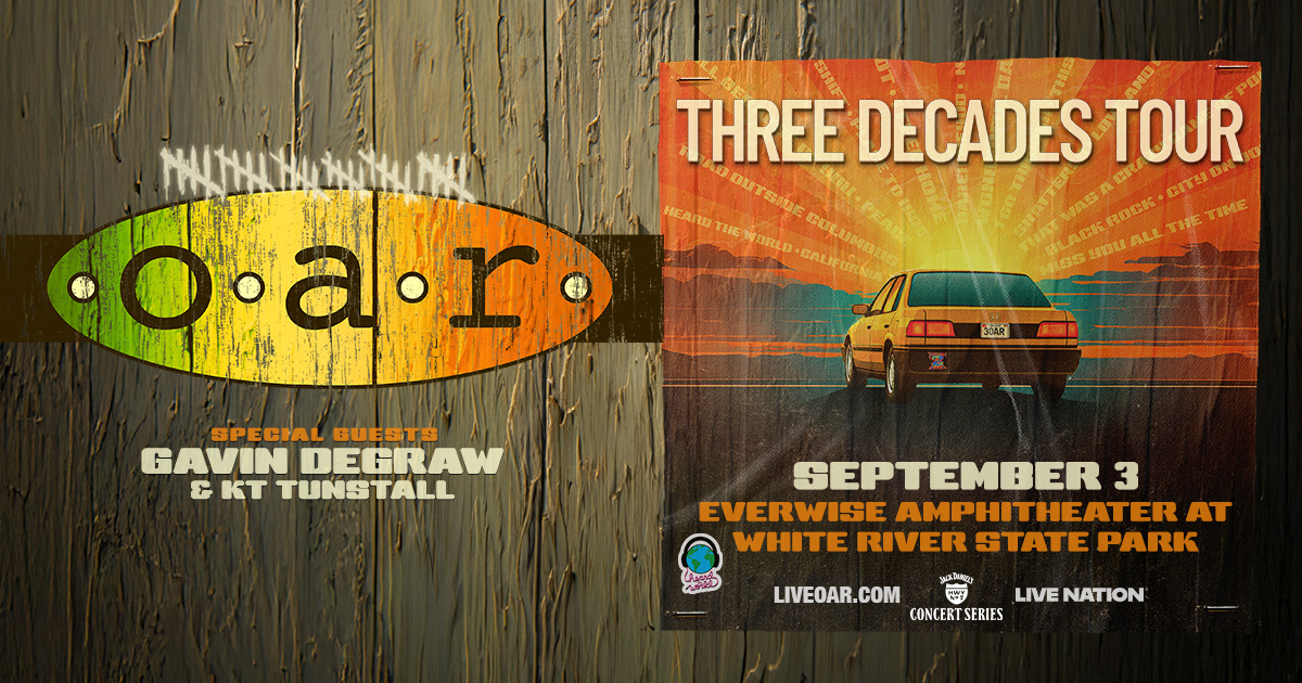 tickets to see O.A.R with special guests Gavin DeGraw and KT Tunstill, September 3rd at Everwise Amphitheater!