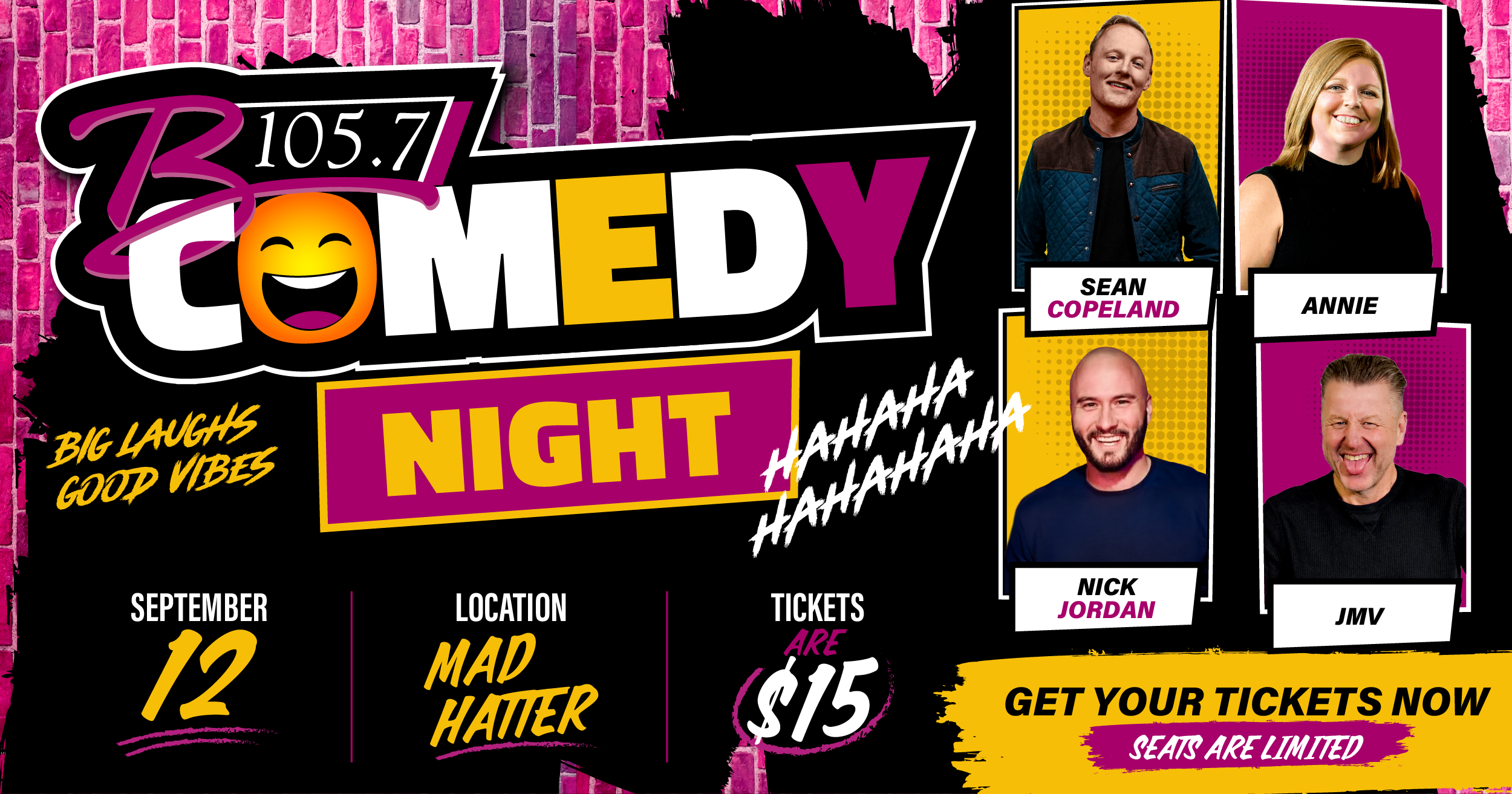 Comedy night event poster with comedians Sean Copeland, Annie, Nick Jordan, and JMV, held at Mad Hatter venue on September 12, tickets $15.