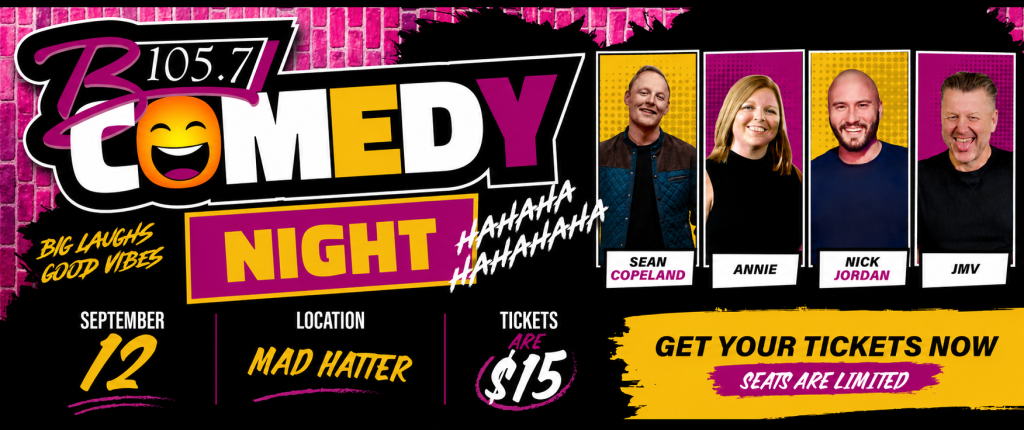 Comedy night event poster with comedians Sean Copeland, Annie, Nick Jordan, and JMV, and details about the event location, ticket price, and availability.