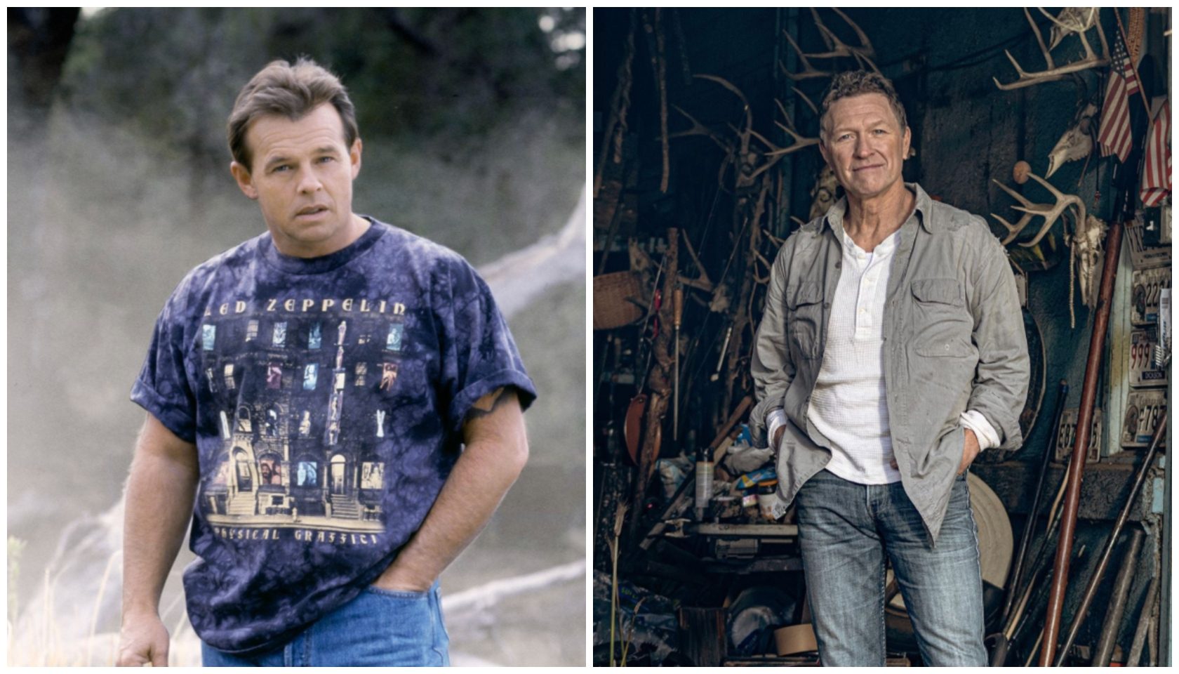 A man wearing a Zeppelin graphic t-shirt stands outdoors, and the same man in a later photo stands in a cluttered workshop or garage.